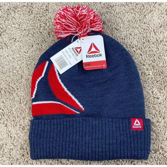 Reebok Pom Pom Beanie Women's‎ Logo Intarsia Knit Cap Blue, Red Trim OSFM NWT - Picture 6 of 6